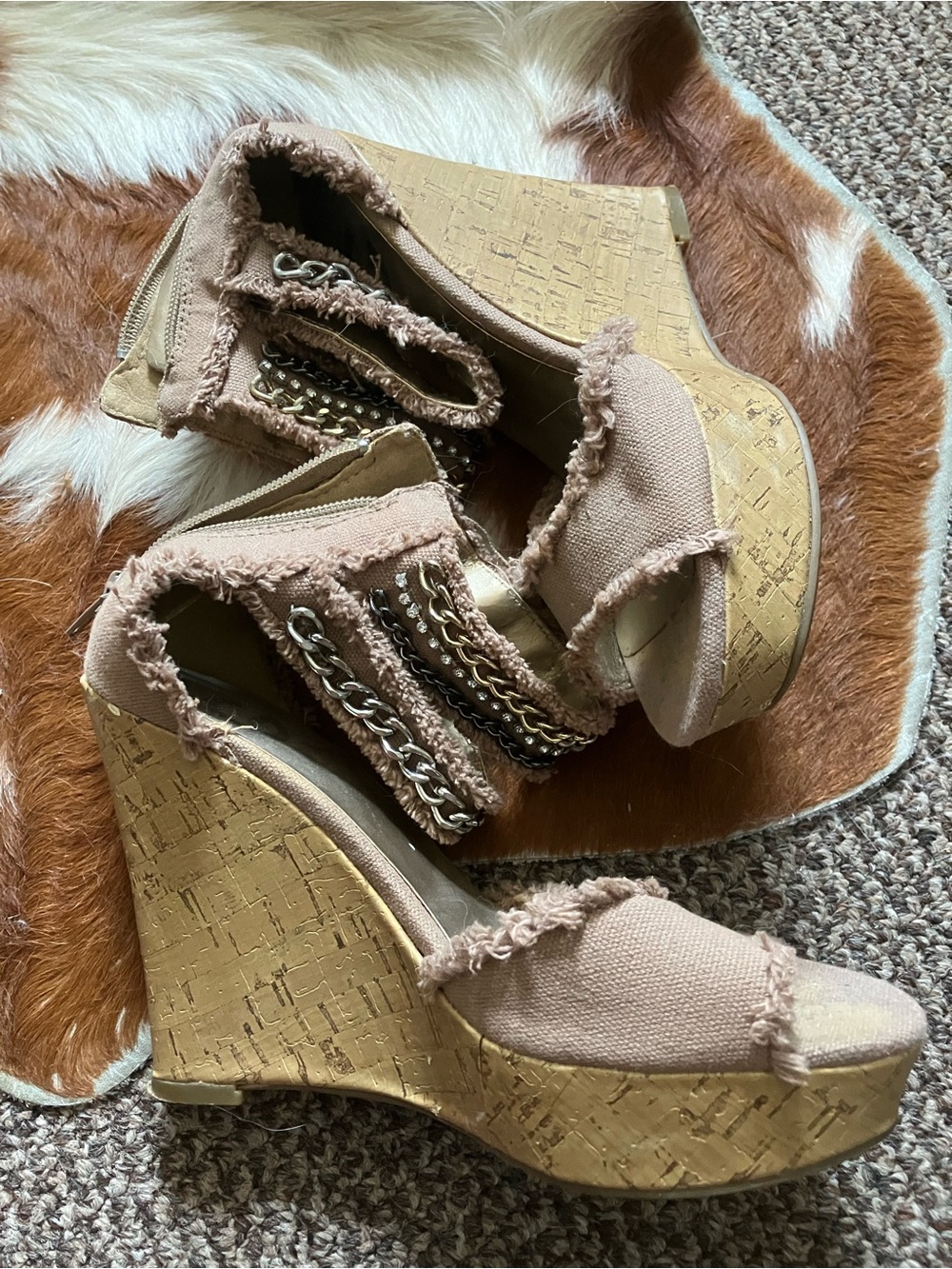 Women’s Tan Frayed Canvas Wedge Sandals with Chain Detail - worn once, size 6